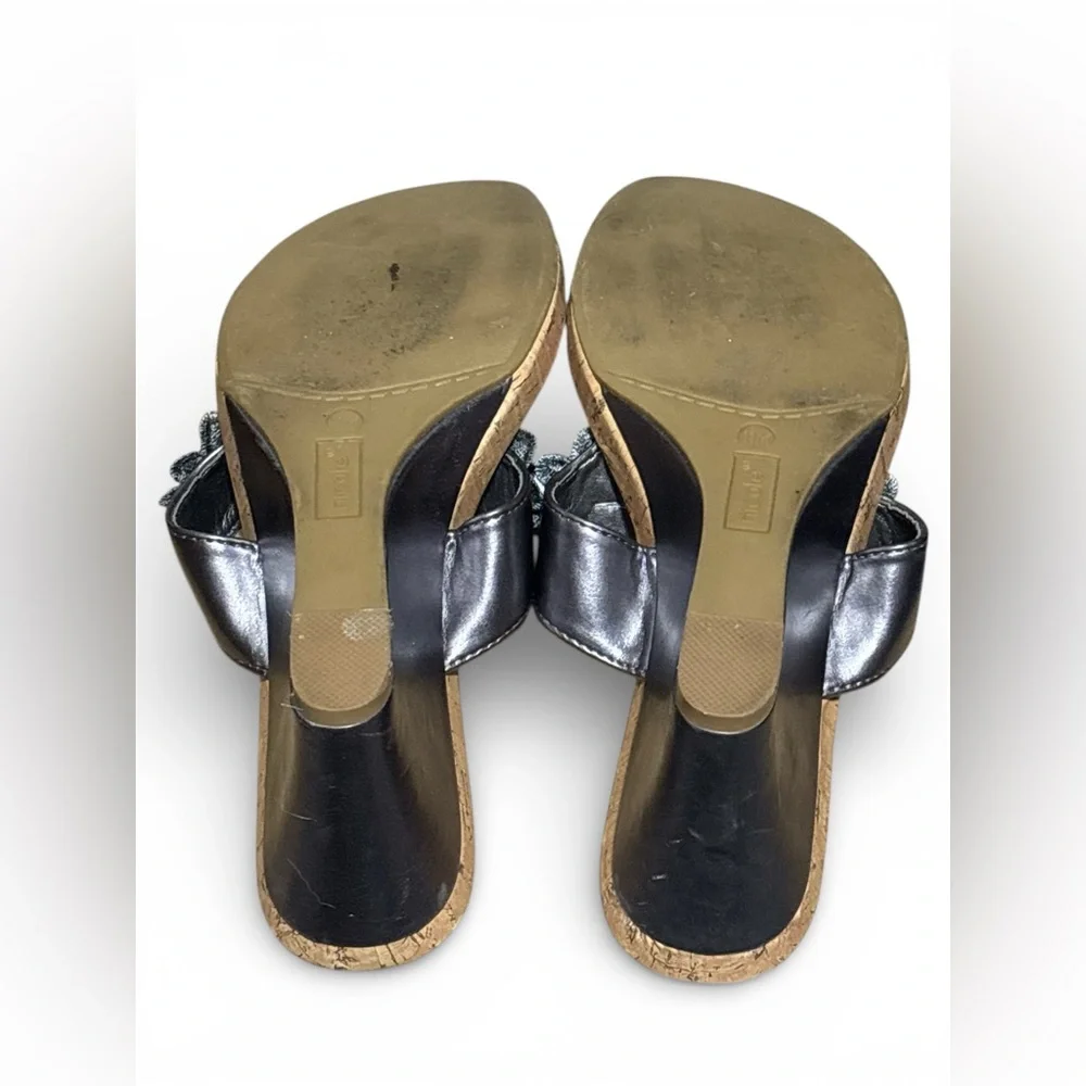 NICOLE Pewter Floral T-strap Wedge Sandals with a Cork Sole